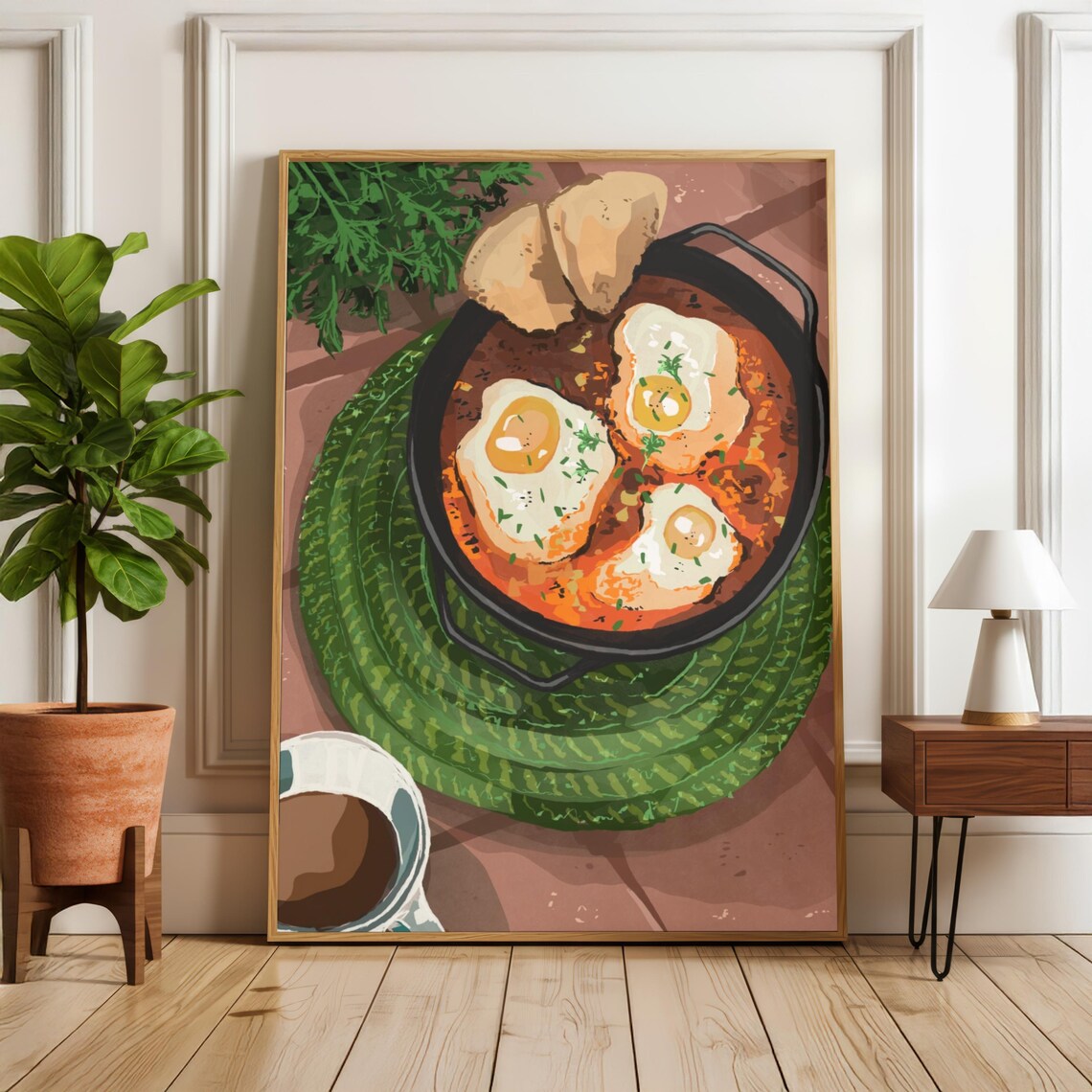 Shakshuka Print Retro Food Art Printable Kitchen Wall Nook Decor Middle Eastern Eggs Poster Dining Room Cafe Tomato