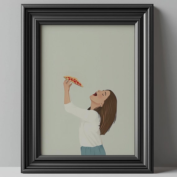 Mom Eating Pizza Funny Watercolor Print Motherhood Kitchen Food Illustration Mother Gift Decor Pastel Wall Art Poster