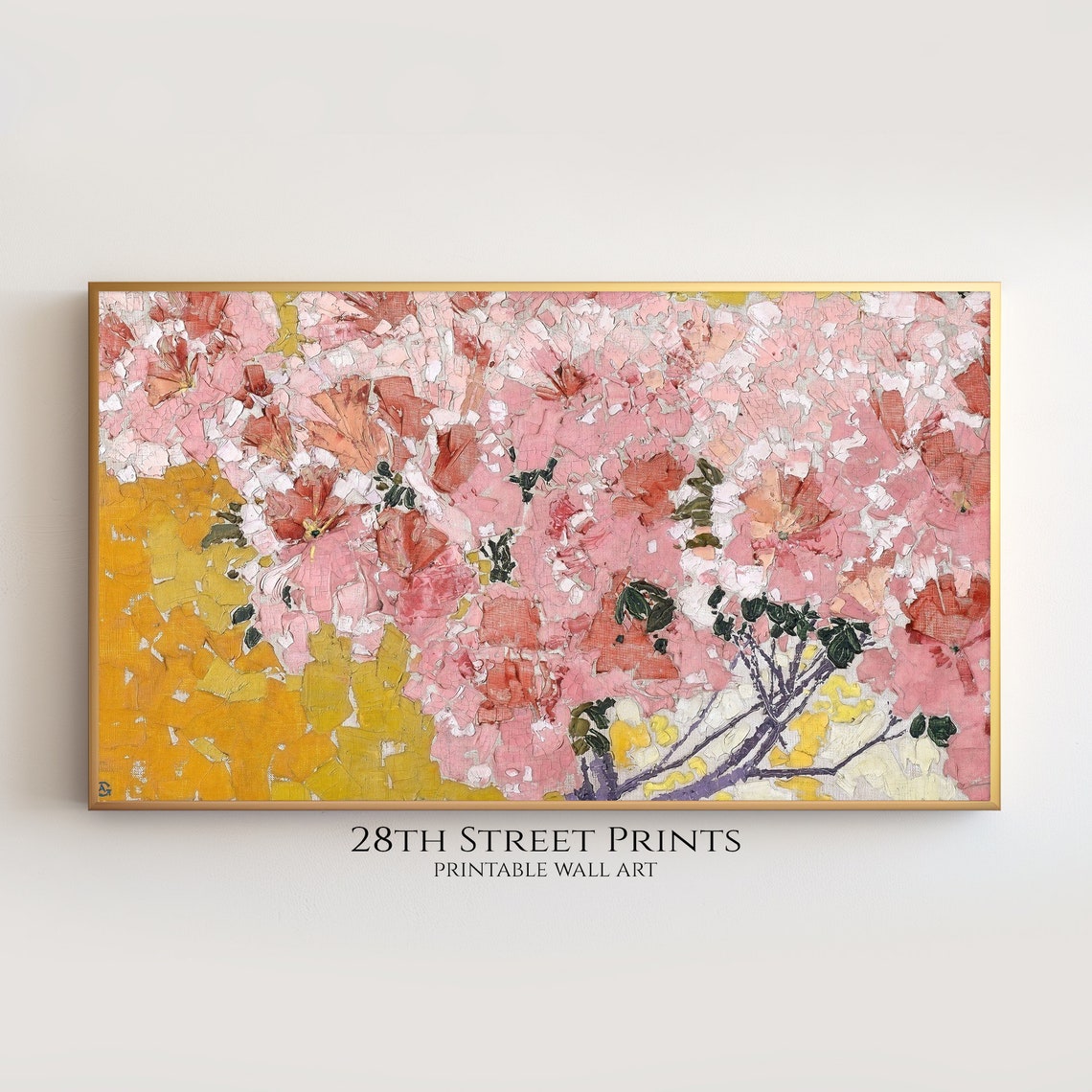 Blooming Azaleas Pink White Blossoms Gold Mosaic Texture Wall Art - Image 2