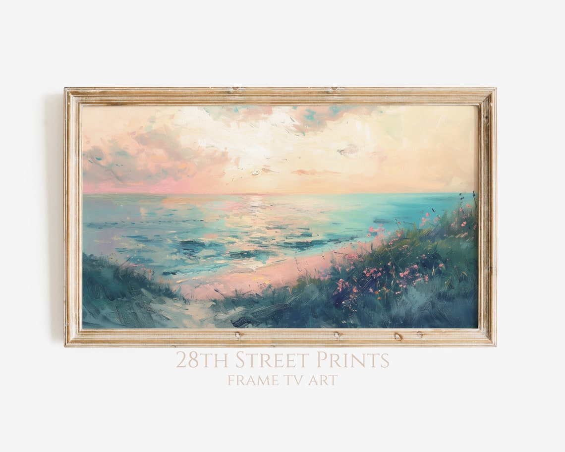 Pastel Ocean Sunset Turquoise Waves Pink Dune Flowers Coastal Poster