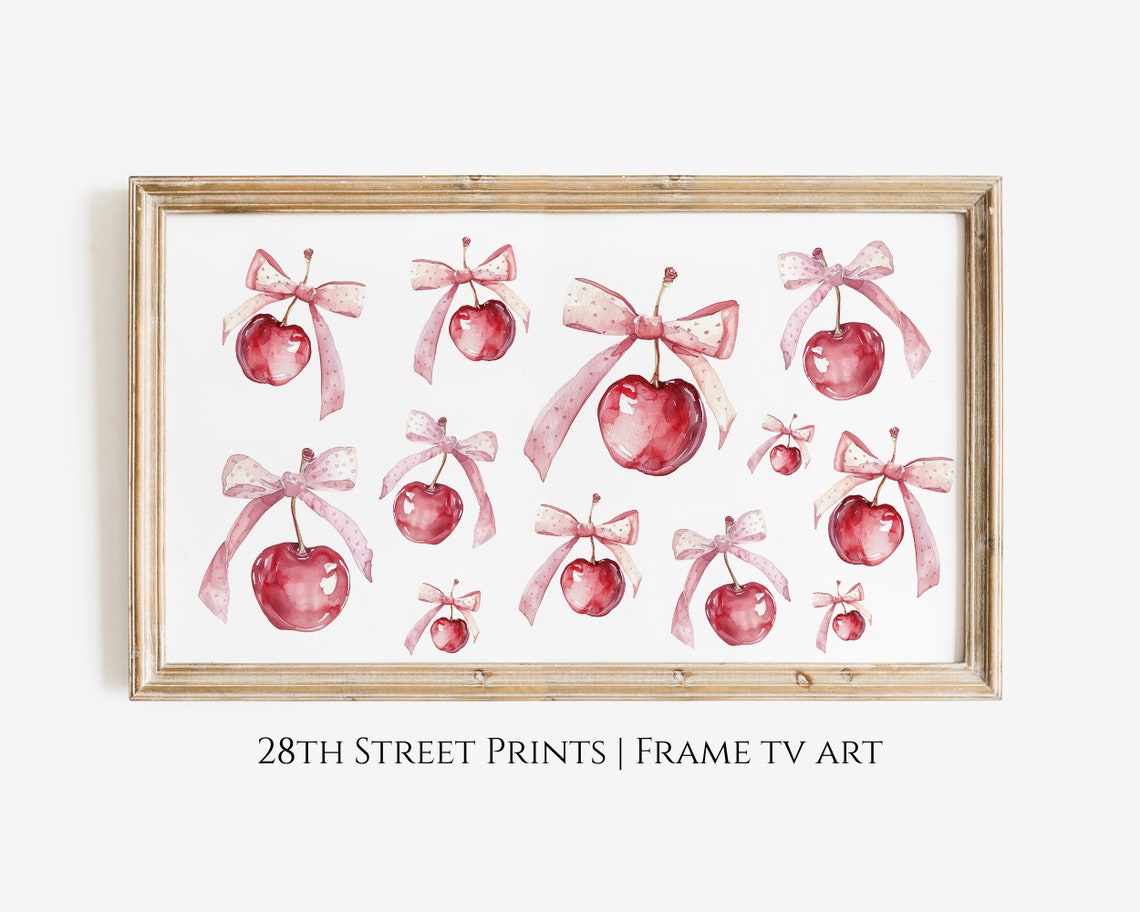 Coquette Pink Cherry Watercolor Bow Art Print Trendy Kitchen Poster