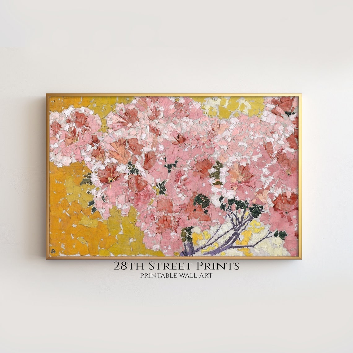 Pink Azalea Blooms Coral Blossoms Gold Ground Impasto Floral Poster - Image 2