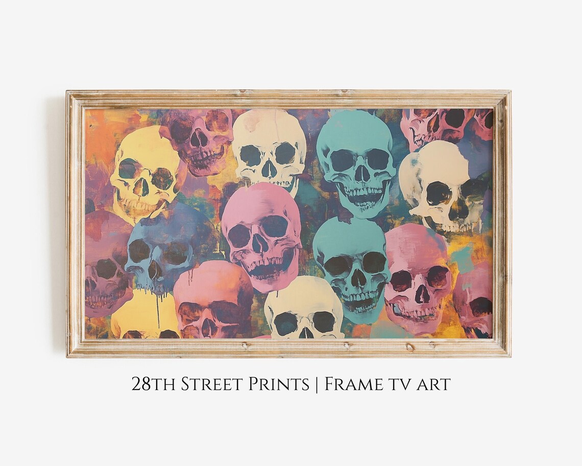 Colorful Pop Art Skulls Pink Teal Yellow Spooky Halloween Painting Poster