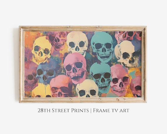 Colorful Pop Art Skulls Pink Teal Yellow Spooky Halloween Painting Poster
