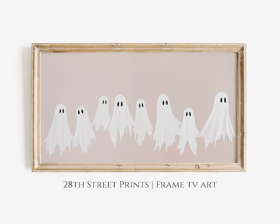Eight Cute White Ghosts Row Neutral Beige Minimalist Halloween Painting Poster