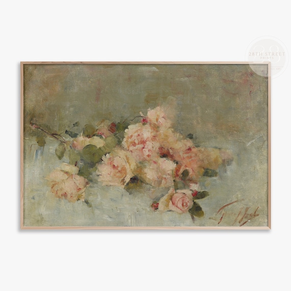 Vintage Pastel Pink Roses Still Life Romantic Oil Painting Wall Art