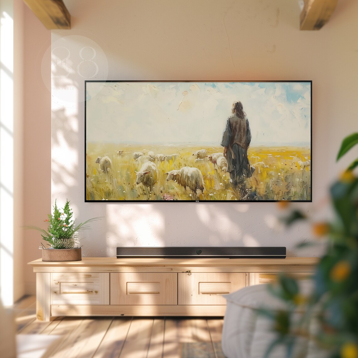 Jesus Good Shepherd Walking In Golden Meadow With Sheep Painting Art Print - Image 2