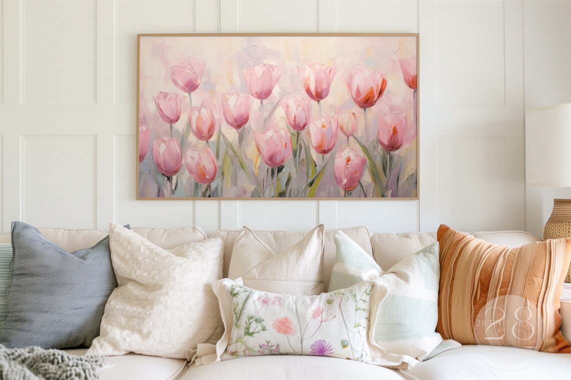 Muted Pink Tulips Sage Background Spring Floral Impressionist Art Print - Image 2