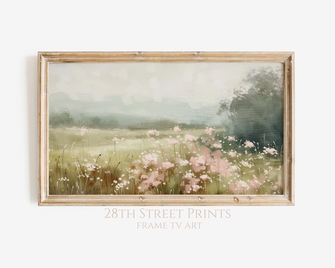 Pink Wildflowers Misty Meadow Woodland Edge Soft Morning Light Poster
