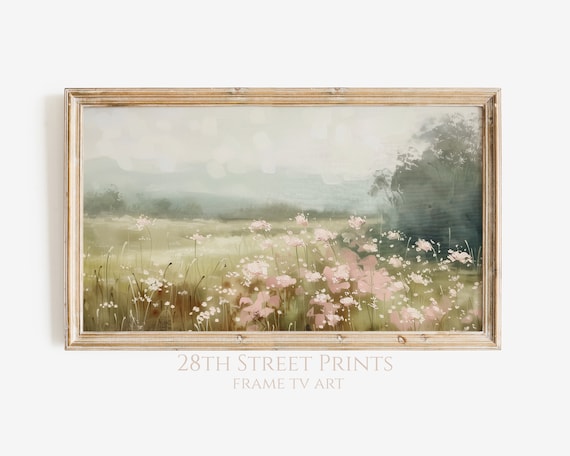 Pink Wildflowers Misty Meadow Woodland Edge Soft Morning Light Poster