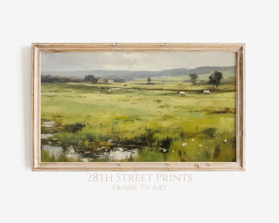 Countryside Farmhouse Pasture Grazing Cows Pond Distant Hills Landscape Art Print