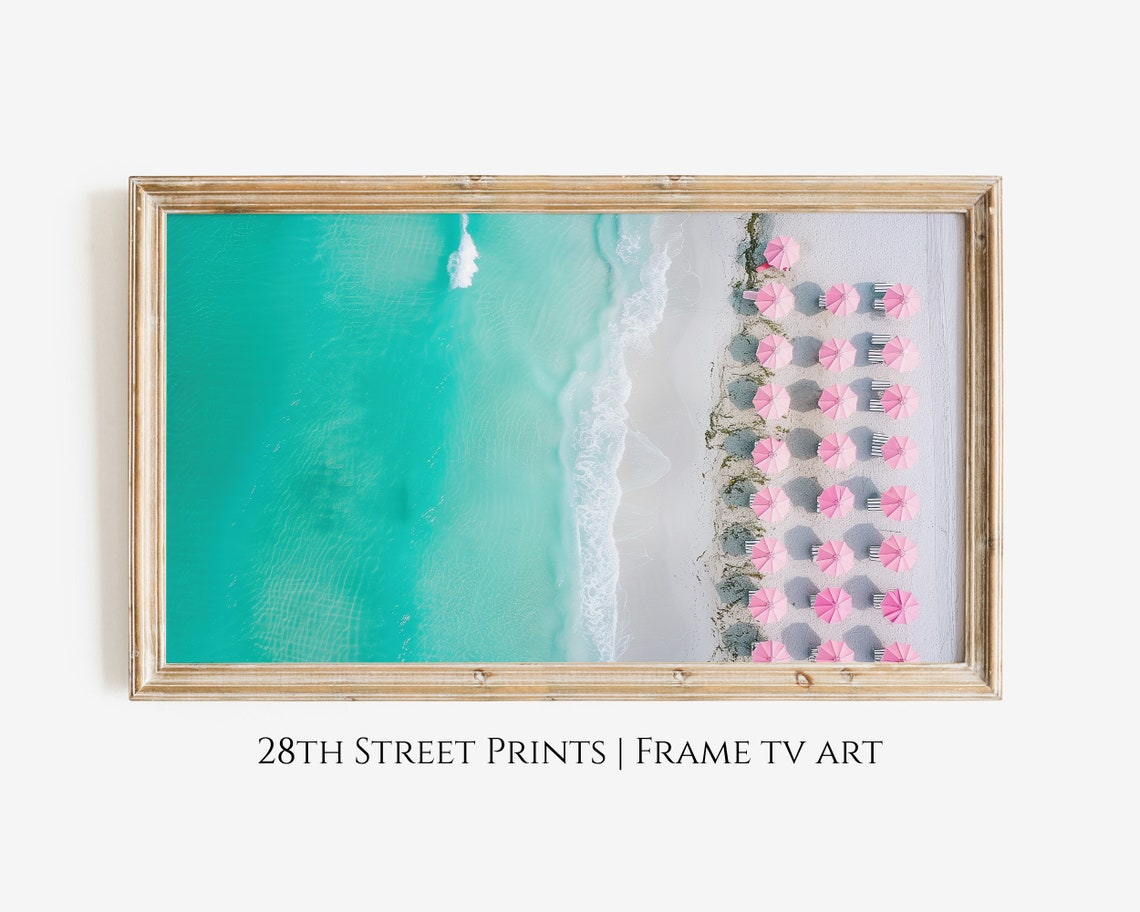 Aerial Beach View Pink Umbrellas Turquoise Ocean White Sand Poster
