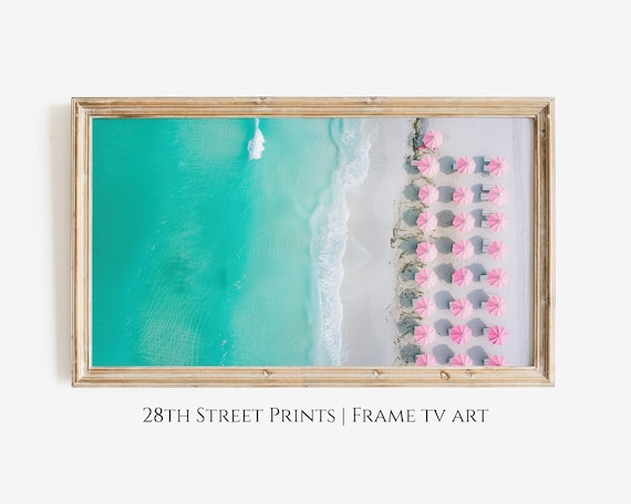 Aerial Beach View Pink Umbrellas Turquoise Ocean White Sand Poster
