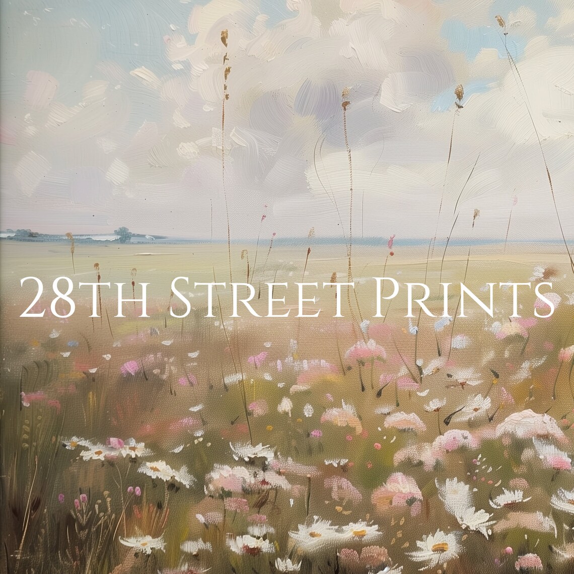 Pink White Wildflower Meadow Tall Grasses Cloudy Sky Spring Painting Art Print - Image 3