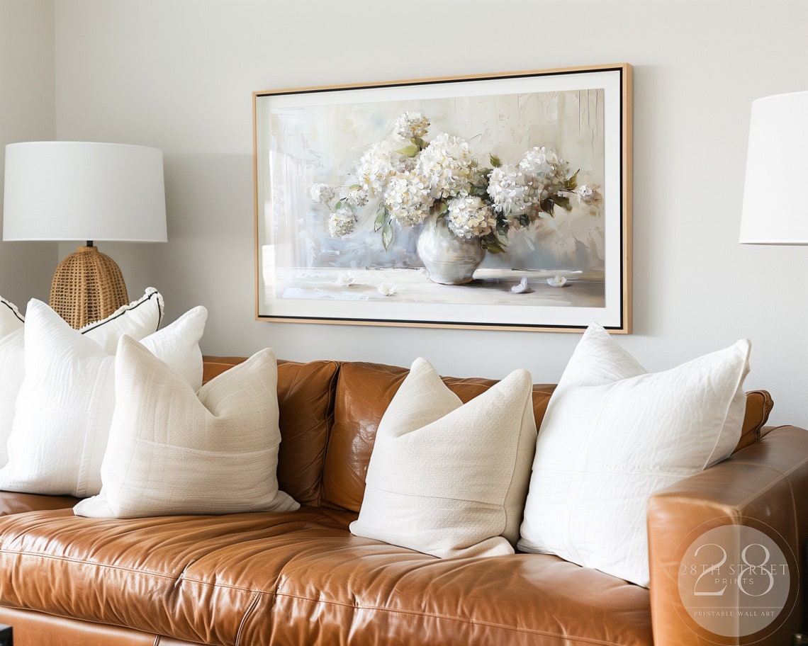 White Hydrangeas Ceramic Vase Soft Neutral Still Life Painting Poster - Image 2