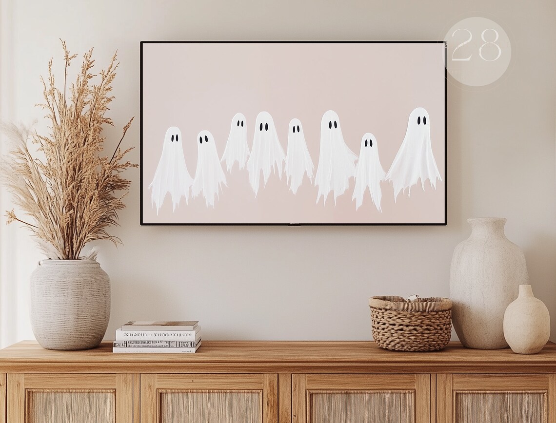 Eight Cute White Ghosts Row Neutral Beige Minimalist Halloween Painting Poster - Image 3