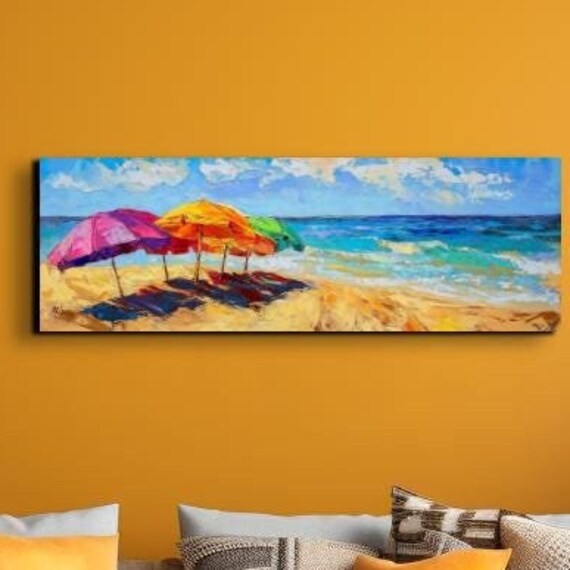 Colorful Beach Umbrellas On Sandy Shore Ocean View Panoramic Poster