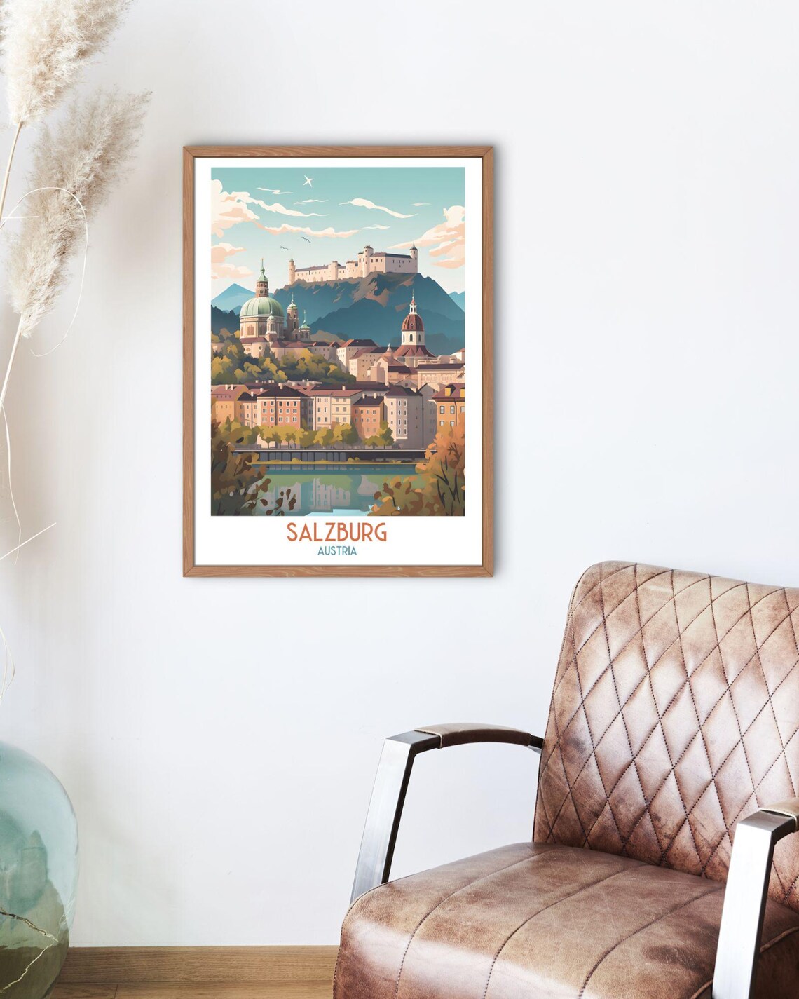 Salzburg Austria Hilltop Fortress Old Town River Reflection Travel Poster - Image 2