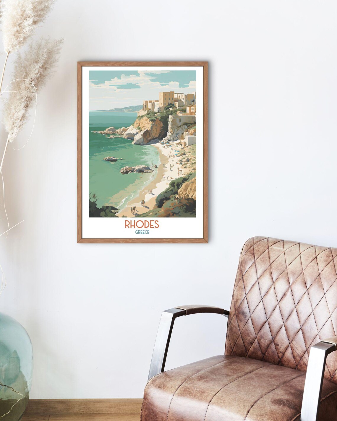 Rhodes Greece Beach Coves and Whitewashed Cliff Town Travel Art Print - Image 2