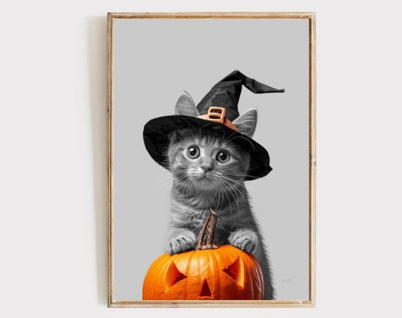 Cat Halloween Trick Or Treat Print Spooky Cute Art Witch Hat Pumpkin