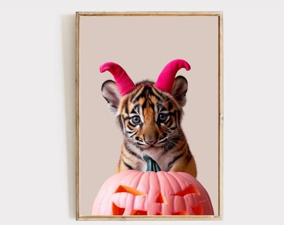 Tiger Halloween Pink Prints Animal Devil Horns Spooky Cute Art Print Pumpkin Decor Pastel