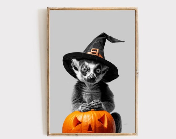 Lemur Halloween Pumpkin Print Trick Or Treat Spooky Cute Art Witch Hat