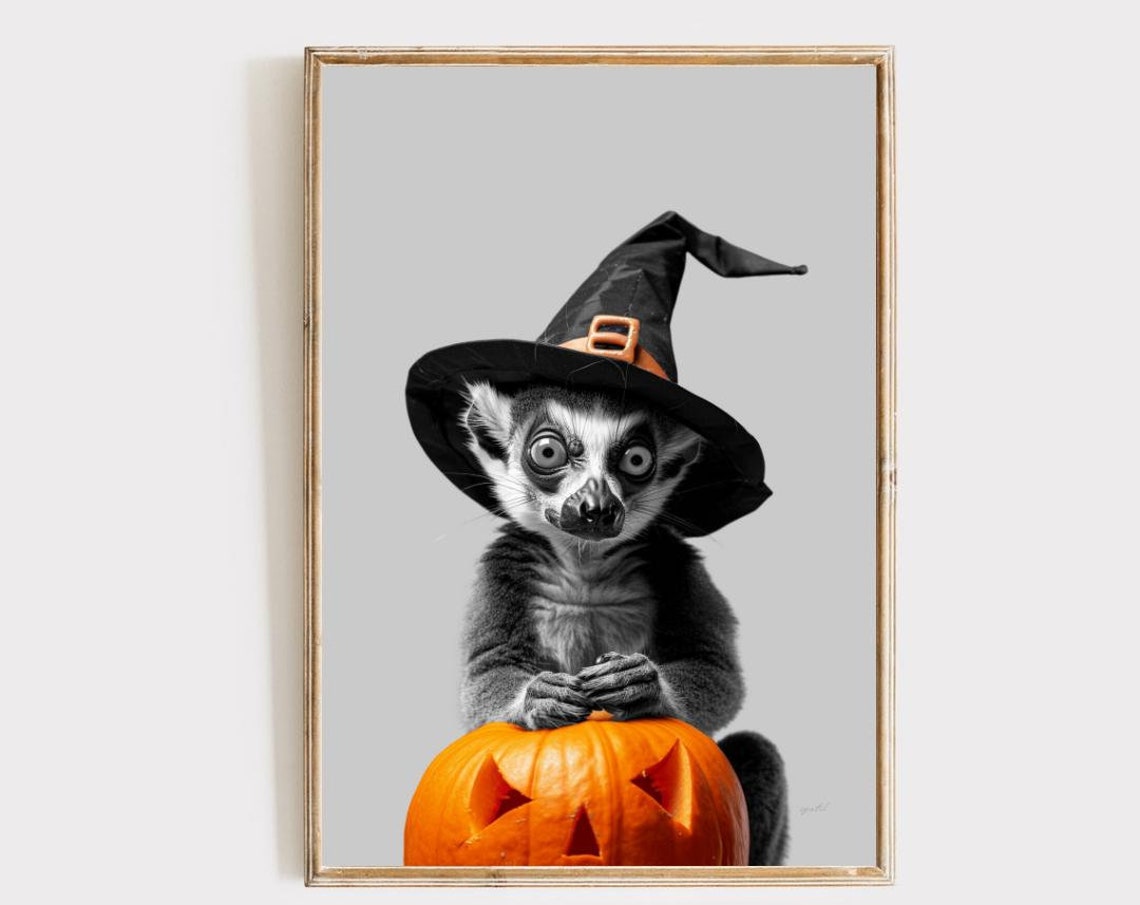 Halloween Lemur in Witch Hat on Pumpkin Spooky Cute Wall Art