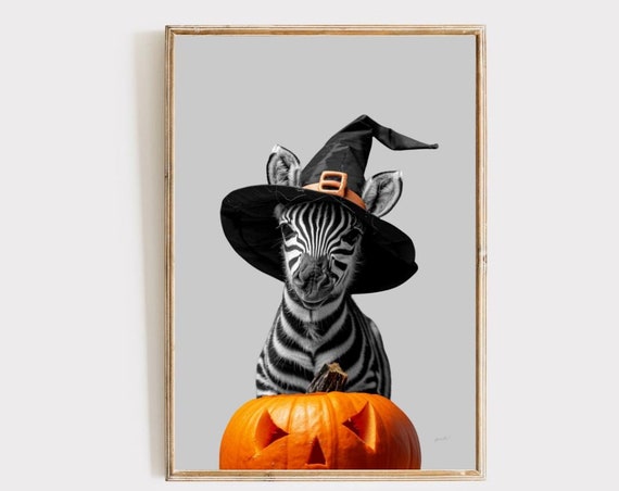 Zebra Halloween Witch Hat Print Pumpkin Trick Or Treat Spooky Cute Art