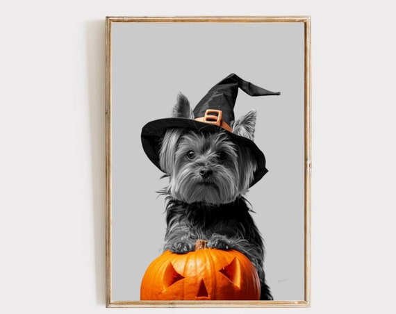 Yorkie Halloween Trick Or Treat Print Witch Hat Pumpkin Spooky Cute Art