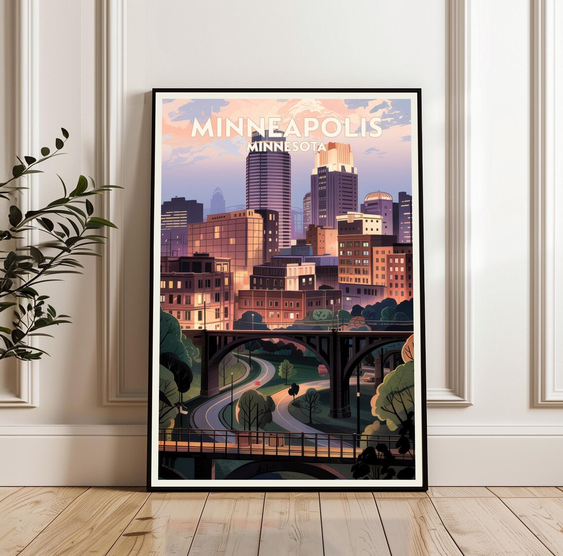 Minneapolis Minnesota Skyline Bridge Dusk Cityscape Travel Poster