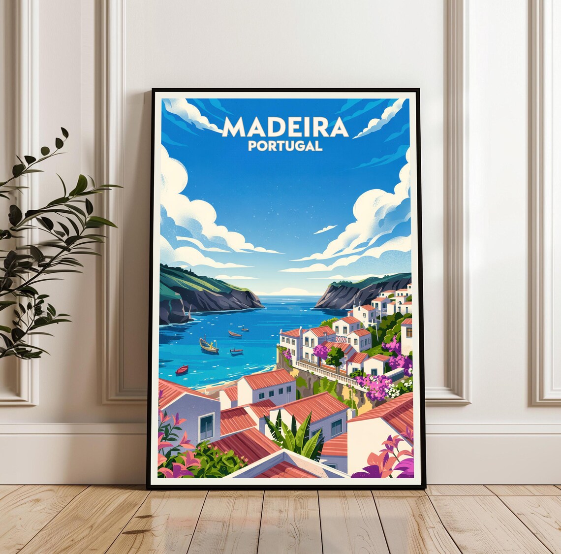 Madeira Portugal Retro Travel Poster Coastal Cliff Village Ocean