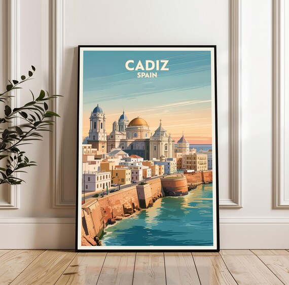 Cadiz Cathedral Coastal Sunset Seafront Promenade Spain Travel Poster