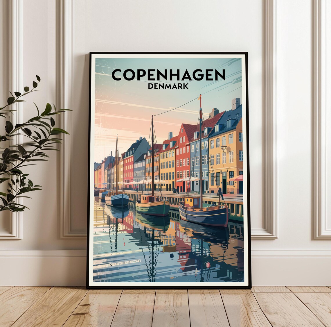 Copenhagen Denmark Vintage Nyhavn Harbor Sunrise Travel Poster