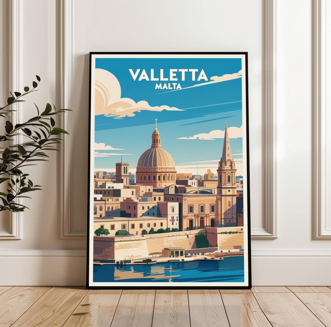 Valletta Malta Historic Harbor Dome Retro Style Travel Poster