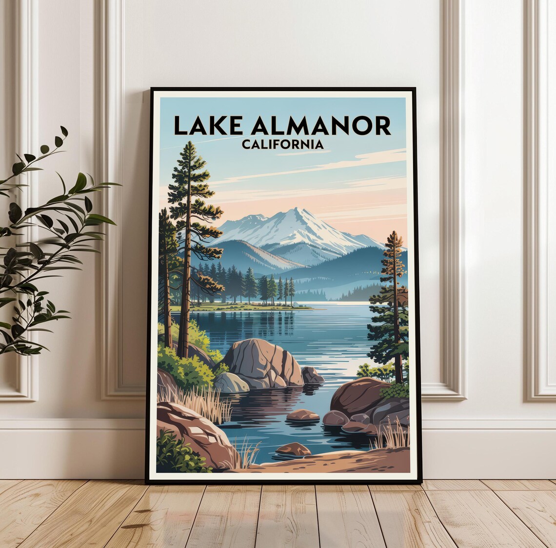 Lake Almanor California Snowy Peak Pines Retro Travel Poster