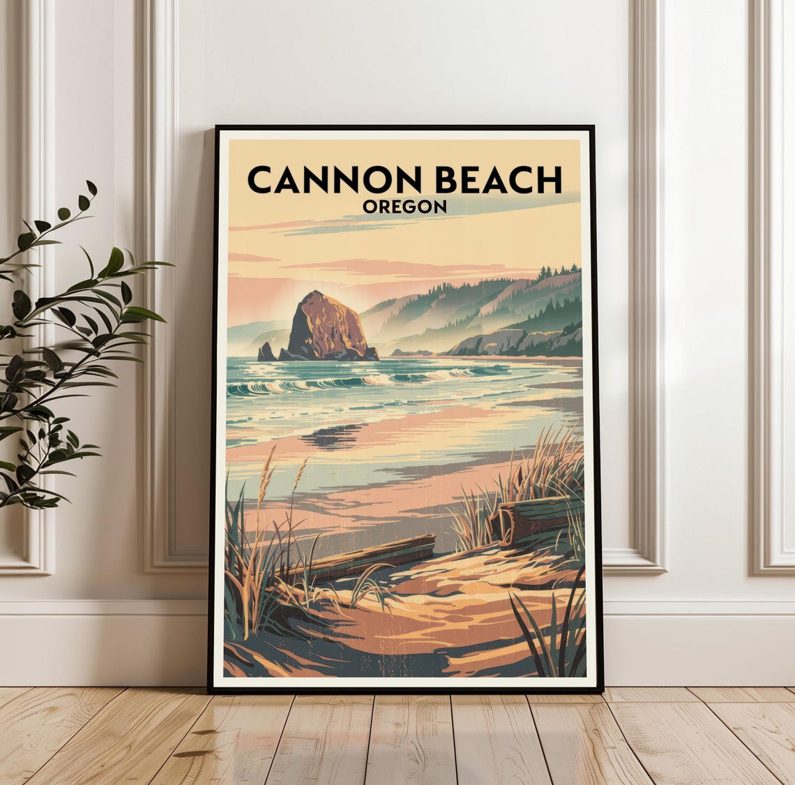 Cannon Beach Oregon Haystack Rock Sunset Coast Travel Poster