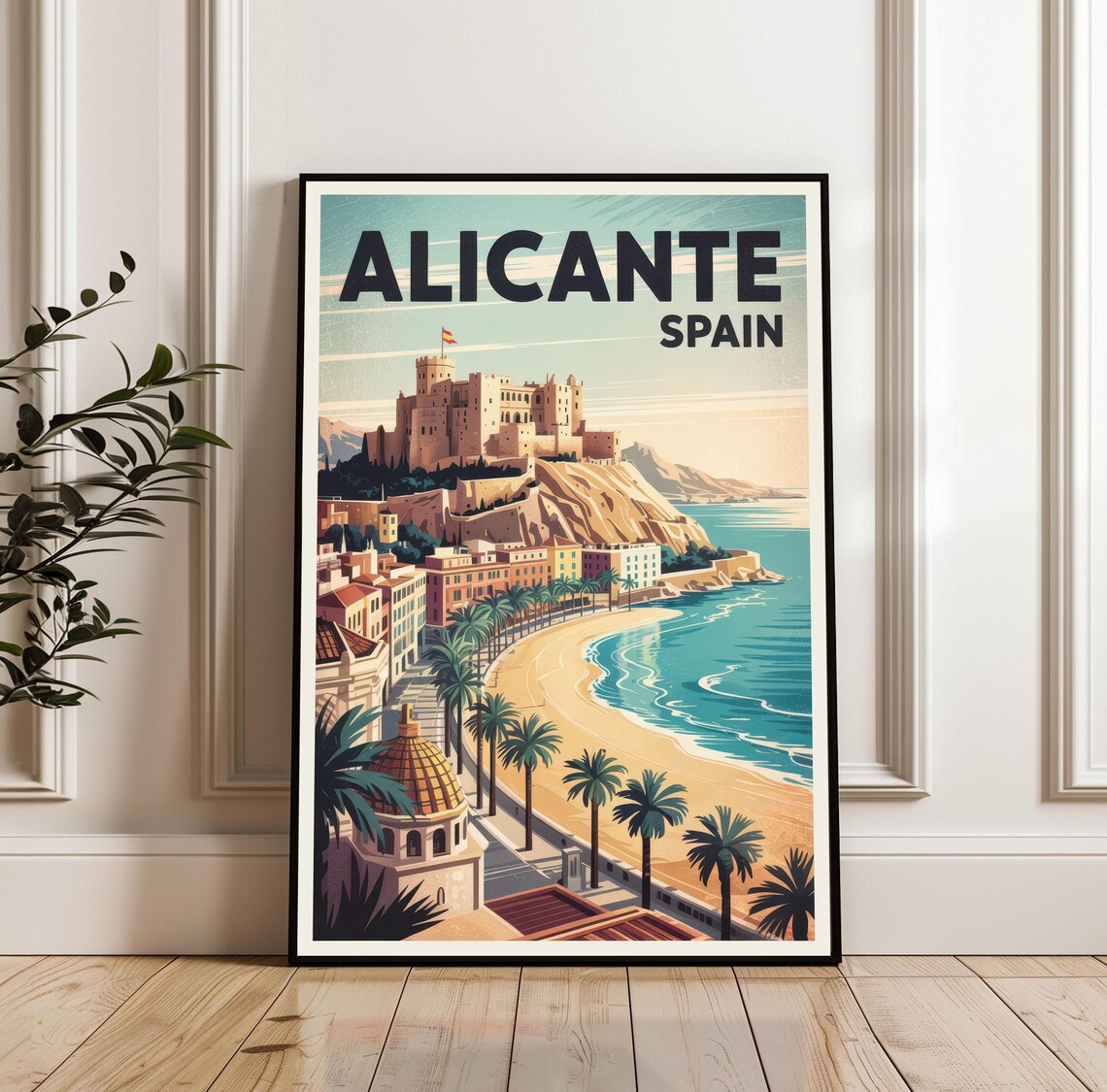 Alicante Spain Vintage Castle Beach Palms Coastal Travel Poster