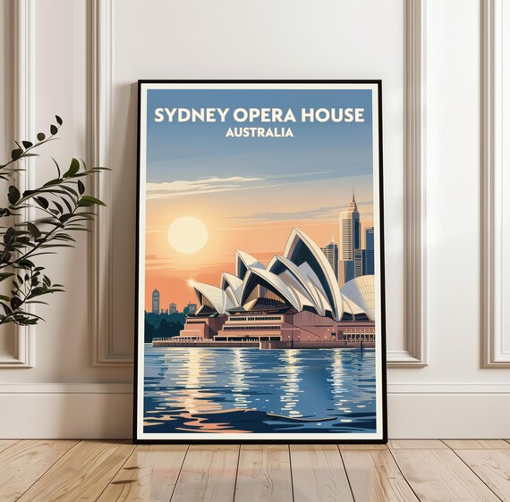 Sydney Opera House Australia Sunset Harbor Travel Poster with City Skyline