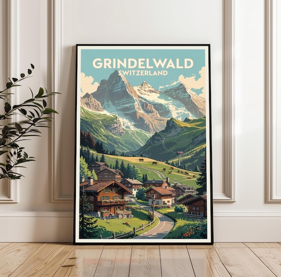 Grindelwald Alpine Chalets Eiger Peaks Switzerland Travel Poster