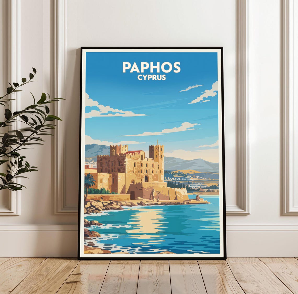 Paphos Cyprus Vintage Travel Poster Medieval Castle Seaside Art