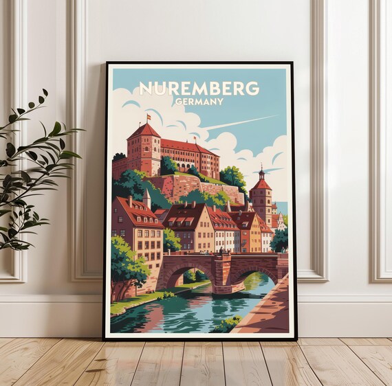 Nuremberg Germany Vintage Travel Poster Castle Bridge Old Town Art