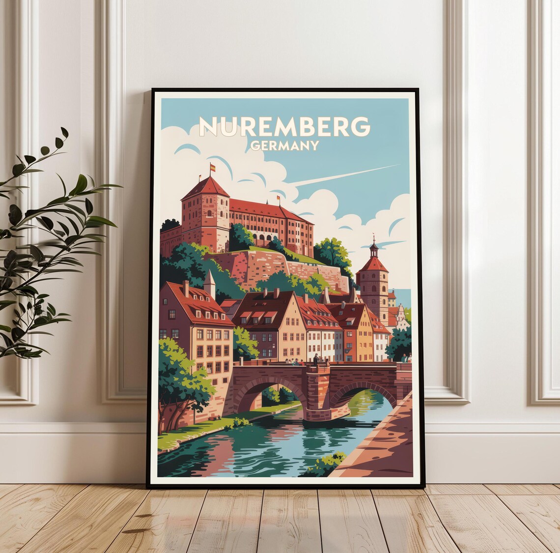 Nuremberg Germany Vintage Travel Poster Castle Bridge Old Town Art