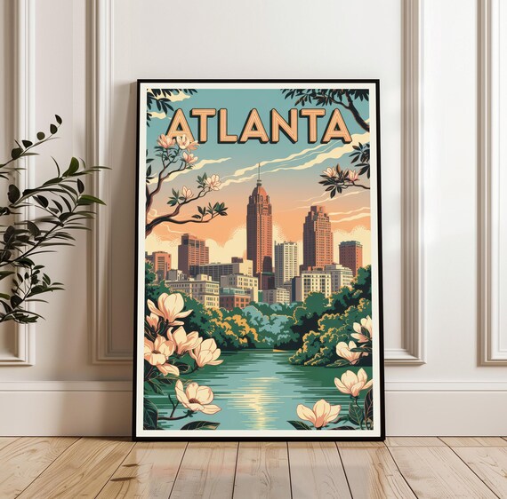 Atlanta Georgia Sunset Skyline With Magnolia Blossoms Travel Poster