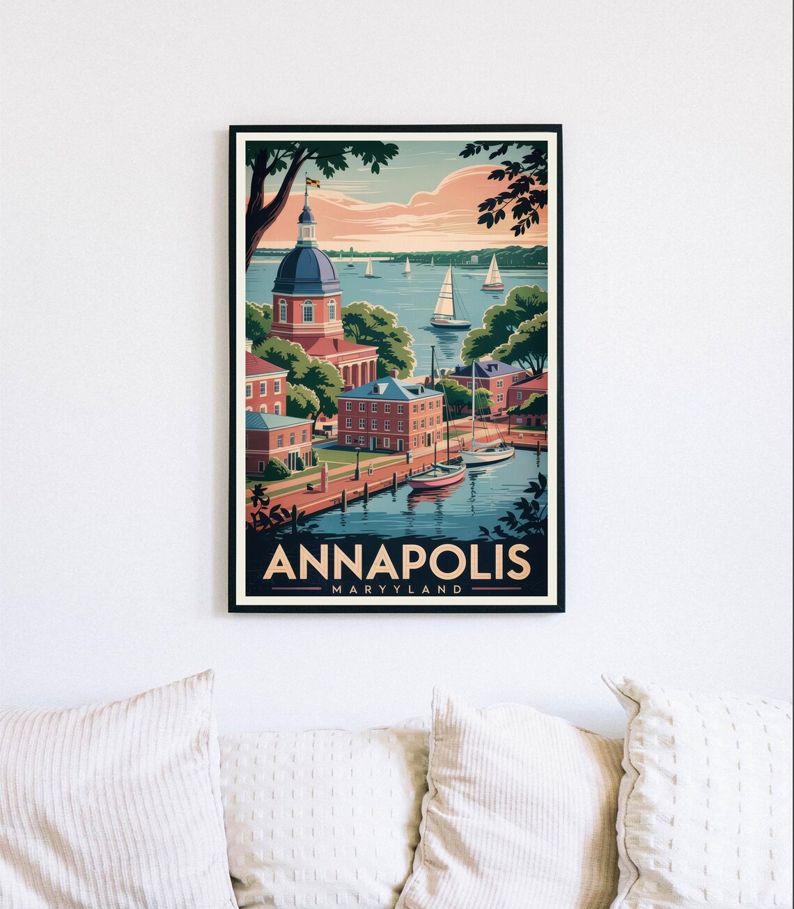 Annapolis Maryland Harbor Sailboats State House Travel Poster