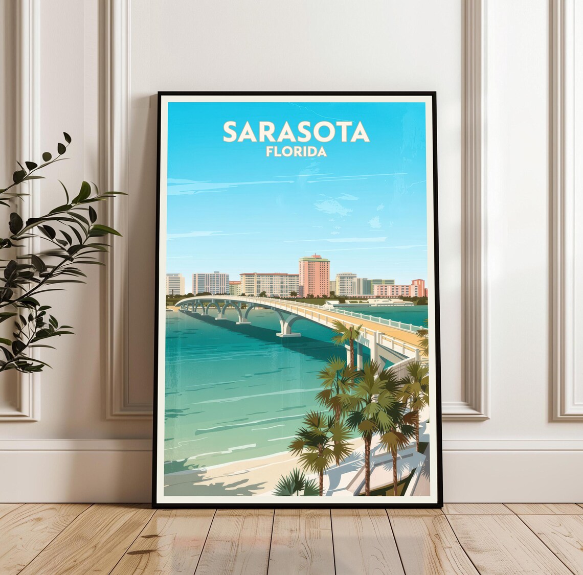 Sarasota Florida Bridge Bay Vintage Coastal Travel Art Poster