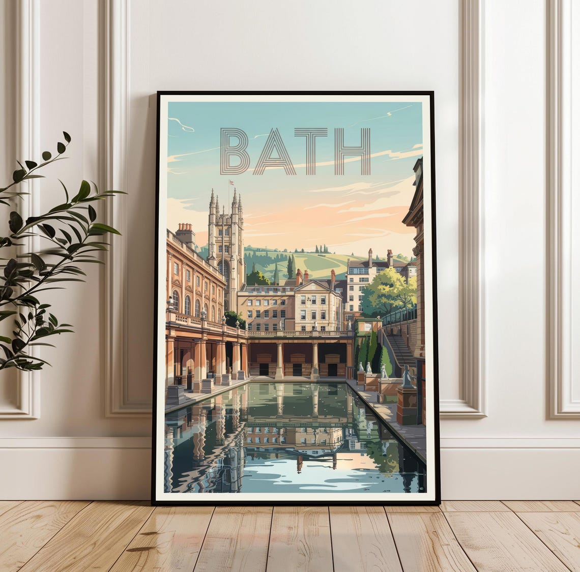 Bath England Roman Baths Reflecting Sunset Vintage Travel Poster