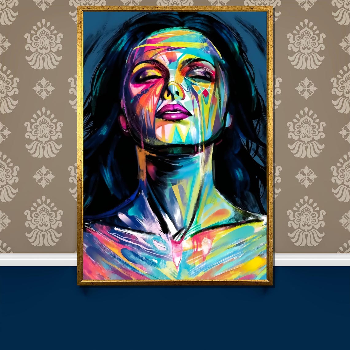 Vibrant Abstract Woman Face Rainbow Paint Strokes Portrait Poster