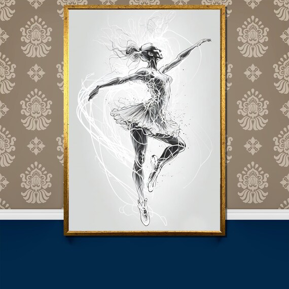Black and White Line Art Ballerina in Motion Sketch Art Poster