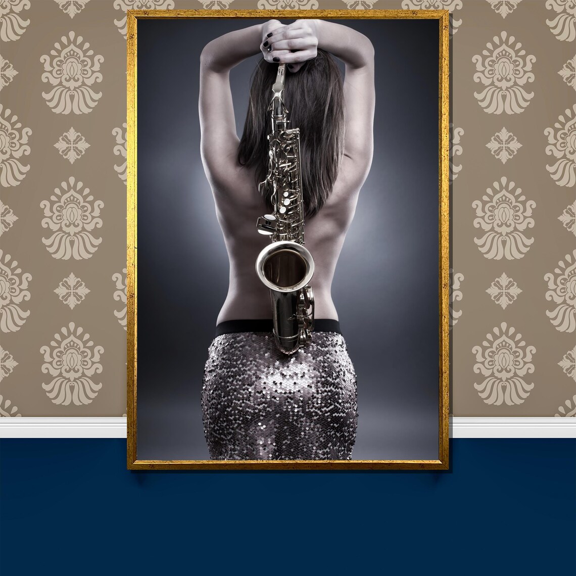 Woman Holding Saxophone Overhead Music Tribute Art Decor Poster
