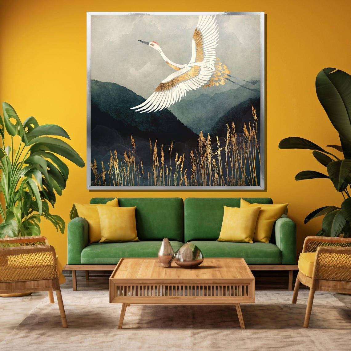 Elegant White And Gold Crane Soaring Over Misty Mountain Peaks Poster - Image 3